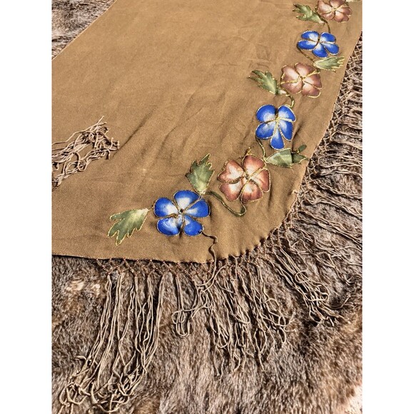 SHAWL BIKINI COVER UP FRINGE SHEER BROWN BEADS HAND PAINTED SCARF SURFACE VTG - Picture 2 of 9